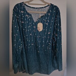 Floral Teal Long Sleeve Women's Top